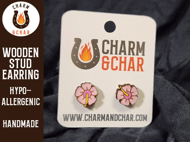 Hibiscus Wood Stud Earrings - Flower Fashion Earring - Stud Earring - Charm and Char